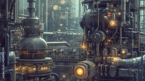 Fototapeta A detailed cyberpunk industrial city with interconnected pipes, glowing machinery, and a futuristic factory atmosphere. A high-tech sci-fi environment with metallic tones. AI generated.