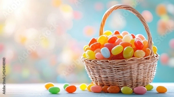 Obraz Colorful Jelly Beans in a Wicker Basket with Soft Background