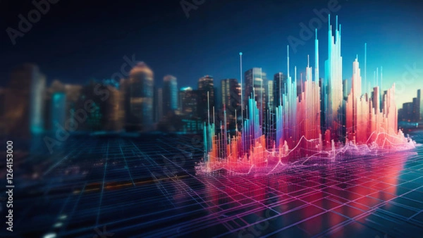 Fototapeta Colorful financial chart with big city skyline in the background, finances concept