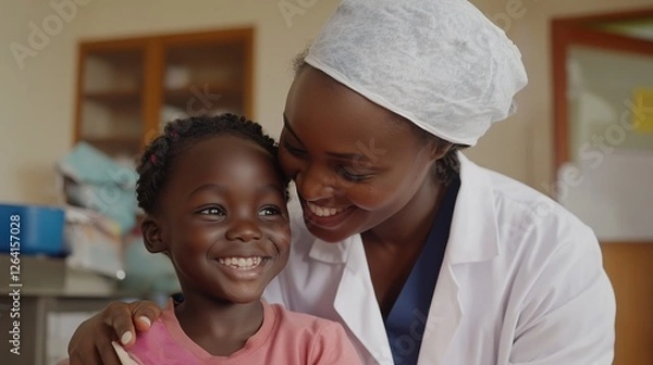 Fototapeta Compassionate Care: A heartwarming moment of connection as a dedicated doctor tenderly interacts with a young child, showcasing the human touch at the heart of healthcare.