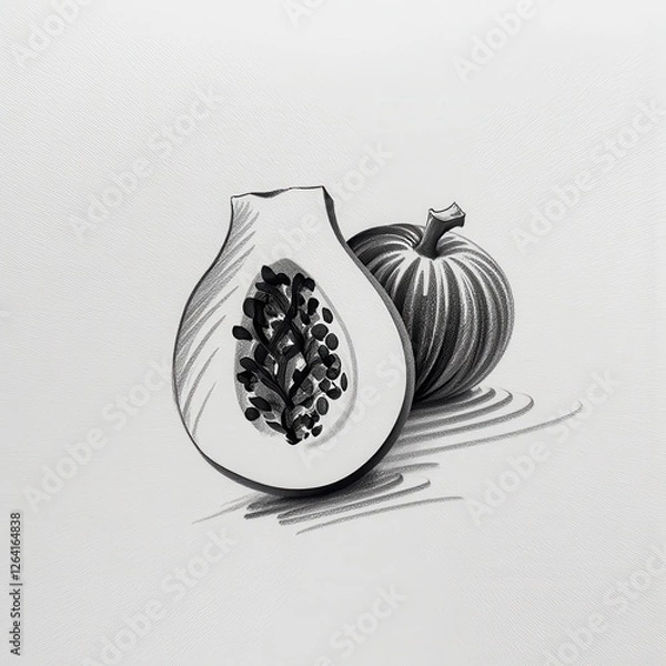 Fototapeta Detailed Pencil Drawing of a Pumpkin on White Background: Realistic Renderings of Texture and Seeds. A black and white drawing of a pumpkin and a half of a papaya.