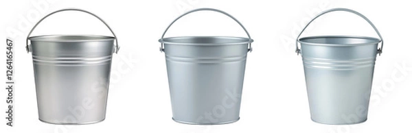 Obraz Three Silver Buckets with Metal Handles in Row Isolated on transparent background