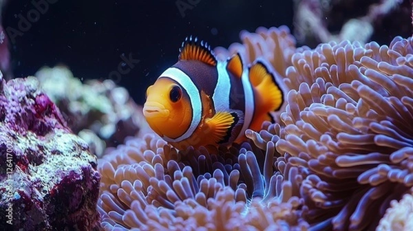 Fototapeta Vibrant clownfish swimming among colorful sea anemones in a lively coral reef ecosystem