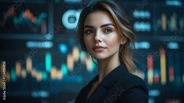 Fototapeta Successful Businesswoman Stands Confidently in Front of Futuristic Financial Data Charts