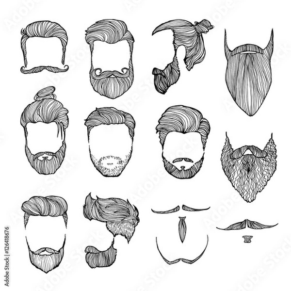 Fototapeta Set of men's hairstyles, mustaches and beards. Hand-drawn sketch. Vector Illustration.