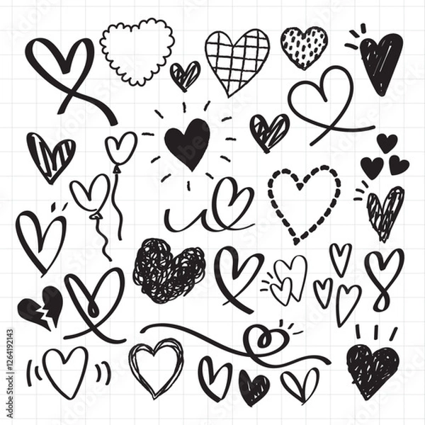 Fototapeta Hand-drawn hearts, doodle hearts, and sketch hearts fill the page. Black hearts, cute hearts, and creative hearts on grid paper. Heart designs and heart patterns. Hand drawn Valentine's Day vector set