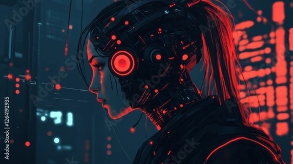Fototapeta Generative AI futuristic illustration of side view of pensive cyborg character with illuminated dots and wires with cables looking away against dark - ai