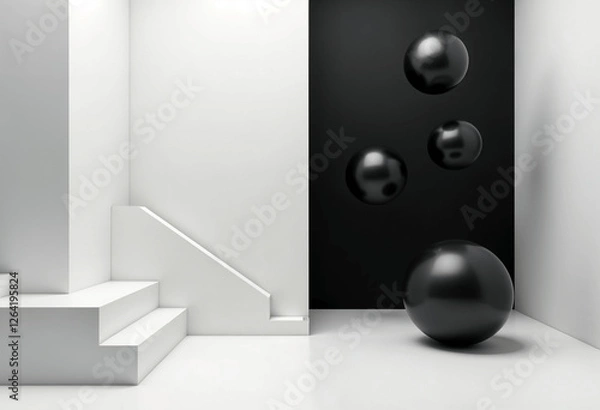 Fototapeta Abstract Black Spheres Minimalist Modern White Room Design