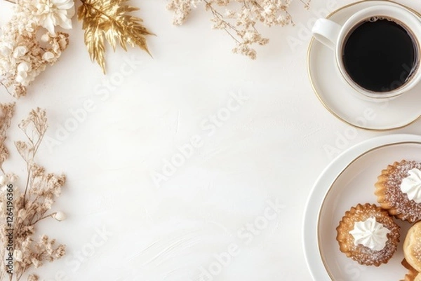 Obraz Xícara de café elegante com detalhes dourados, acompanhada de doces e decorações festivas em fundo branco, criada com IA generativa para um visual sofisticado e convidativo