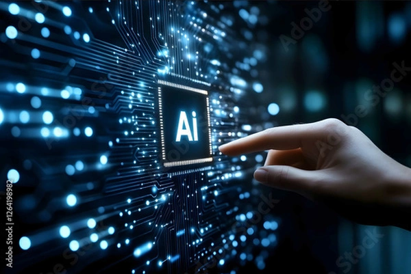 Fototapeta Closeup of a hand touching a chip with an AI logo on a circuit board a futuristic technology concept Highquality photograph