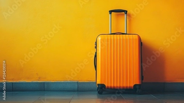 Fototapeta A bright orange suitcase stands out against a vibrant yellow background, creating a bold, travel-ready combination
