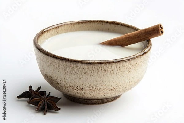 Fototapeta Creamy milk in rustic bowl with cinnamon stick and star anise on clean white background