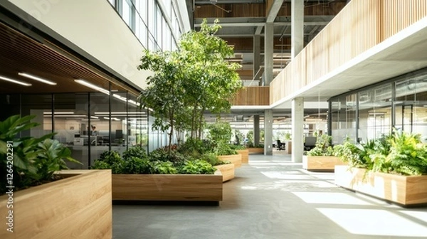Obraz Modern Office Space with Greenery and Employees at Work