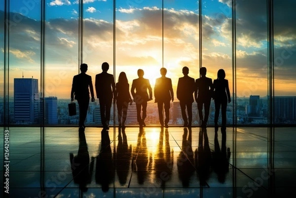 Obraz 夕日を背にしたビジネスチームが高層ビルの窓辺に立つシルエット（企業の成長・リーダーシップ・チームワーク・未来）