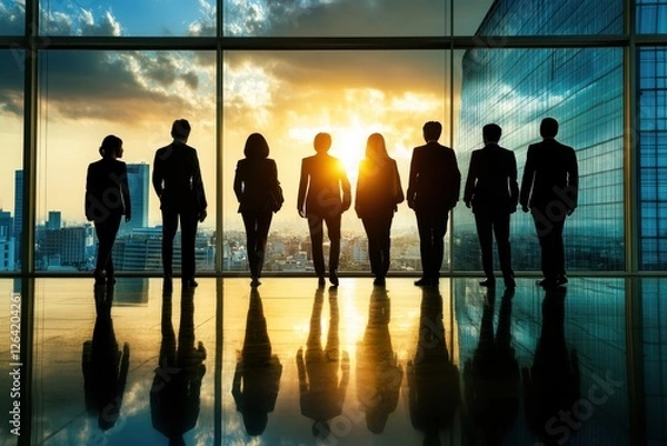 Fototapeta 夕日を背にしたビジネスチームが高層ビルの窓辺に立つシルエット（企業の成長・リーダーシップ・チームワーク・未来）