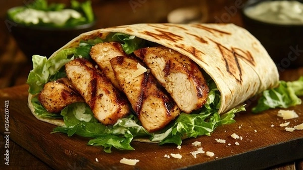 Fototapeta fresh, crispy chicken caesar wrap with grilled chicken, romaine lettuce, parmesan cheese, and Caesar dressing wrapped in a tortilla