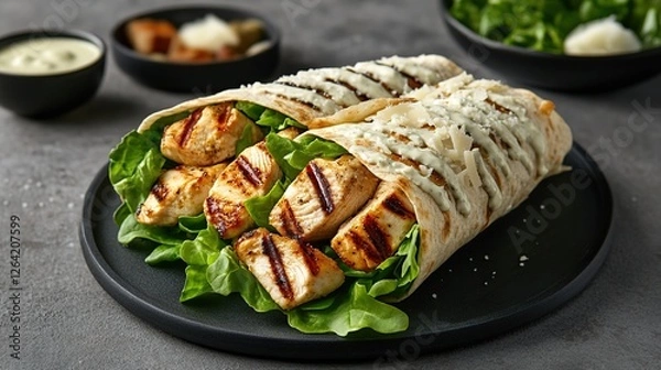 Fototapeta fresh, crispy chicken caesar wrap with grilled chicken, romaine lettuce, parmesan cheese, and Caesar dressing wrapped in a tortilla