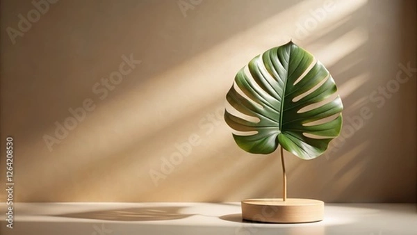 Fototapeta Close-up of a single exotic leaf on a beige presentation stand, showcasing its intricate details and textures, in a studio setting with soft natural light , close-up photography, tropical leaf