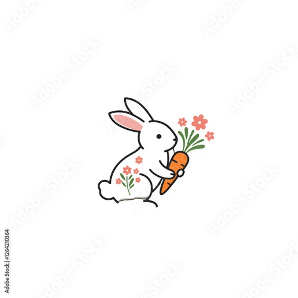 Obraz Cute White Rabbit Holding a Carrot with Floral Decorations Around