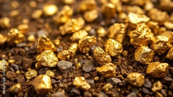 Fototapeta Dirt surface with scattered gold nuggets, revealing intricate details under magnification, earth sciences, close-up of rough dirt