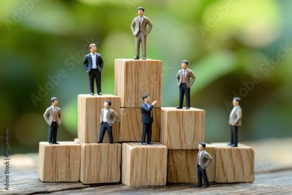 Obraz 木製のミニチュアビジネスマンたちが階層的に配置された写真（組織・出世・パワハラ・企業構造・差別・権力）