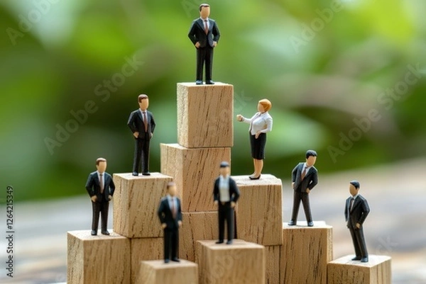 Fototapeta 木製のミニチュアビジネスマンたちが階層的に配置された写真（組織・出世・パワハラ・企業構造・差別・権力）