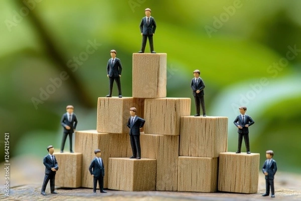Fototapeta 木製のミニチュアビジネスマンたちが階層的に配置された写真（組織・出世・パワハラ・企業構造・差別・権力）