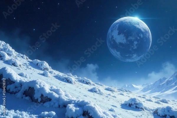 Fototapeta Snowy asteroid with icy crystals and starry sky , snow, crystal, galaxy