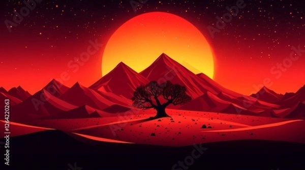 Fototapeta Pixelated Sunset Scenery Silhouette Tree And Fiery Mountains With A Bright Sun Retro Aesthetic