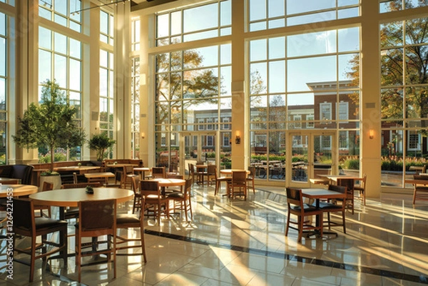 Fototapeta Scandinavian Style Bright Cafe with Large Windows and White Interior