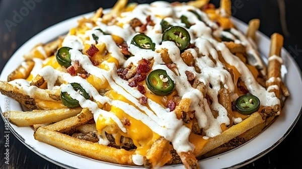 Fototapeta A plate of loaded fries with crispy fries, melted cheese, bacon bits, jalapenos, and a drizzle of ranch dressing 