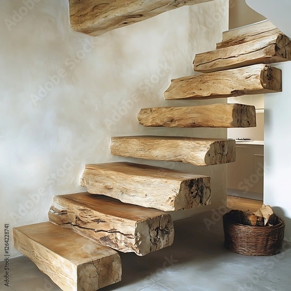 Obraz Rustic Wooden Staircase in Modern Home Interior.