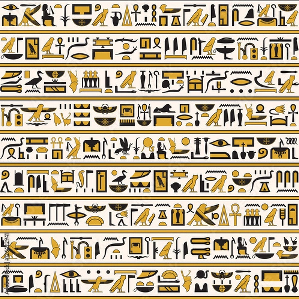 Fototapeta Egyptian hieroglyphs yellow-black color seamless horizontal