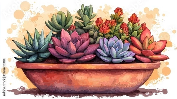 Obraz Colorful assortment of succulents in a decorative pot against a soft, artistic background