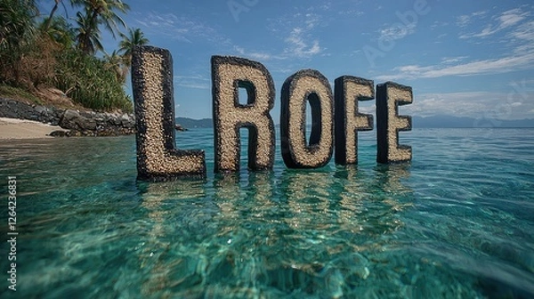 Fototapeta Beach scene with letters floating in water, surrounded by tropical landscape and mountains