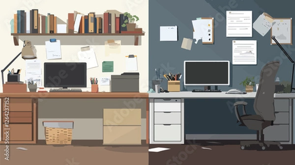 Fototapeta Before-and-After Workspace Transformation Symbolizing Productivity Improvement, Improvement