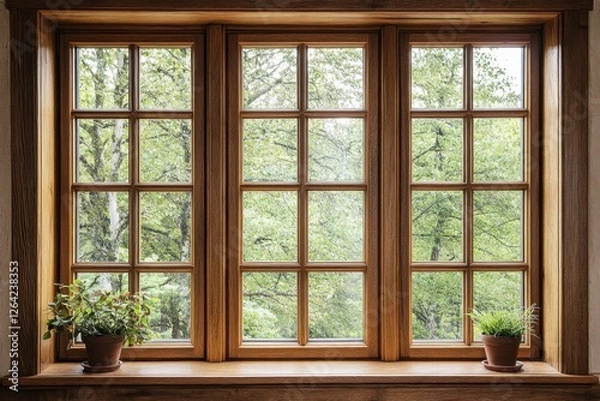 Fototapeta Wooden window showing trees with flowerpots on window sill