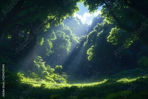 Fototapeta Sunlight rays filter through trees in a lush forest; dreamy nature background use