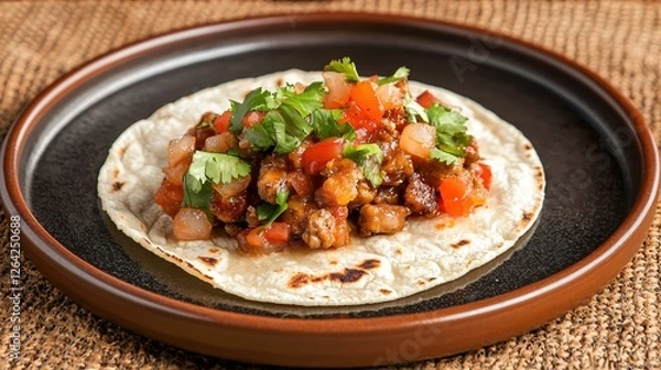 Fototapeta Delicious taco on rustic plate with fresh cilantro and tomato salsa on woven mat