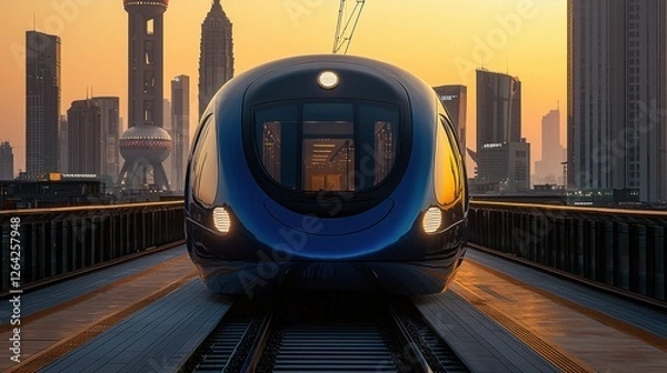 Obraz Futuristic High-Speed Train at Sunrise in Shanghai