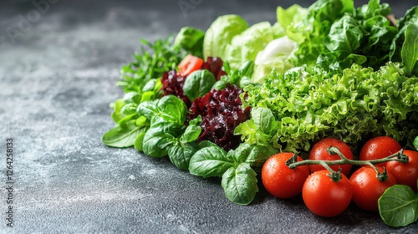 Fototapeta Fresh vegetables including lettuce, spinach, and tomatoes on textured surface