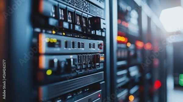 Obraz Close-up of server rack with lights. Illustrates data storage, network infrastructure, and technology.