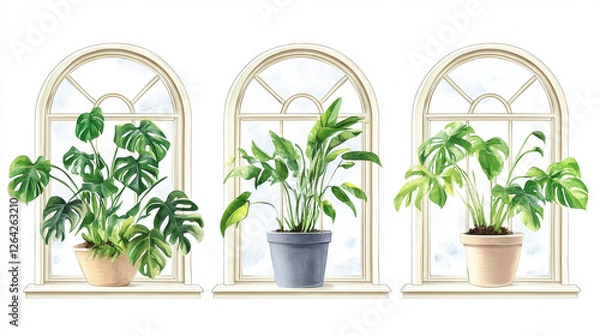 Fototapeta Set of three different arched windows with green plants in pots on the window sills