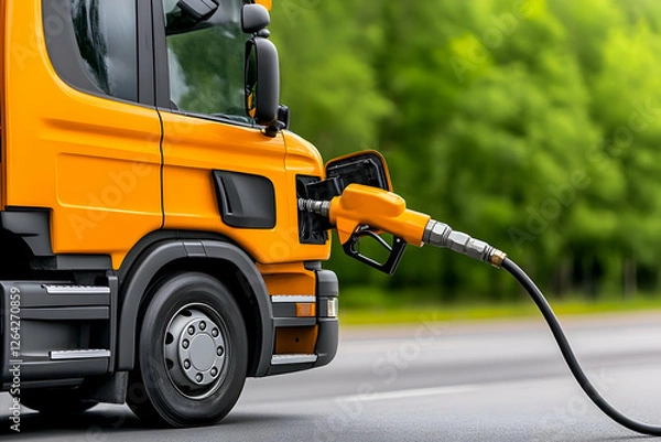 Fototapeta Orange Truck Fueling Up at Gas Station on Road with Green Trees for Transportation generative AI