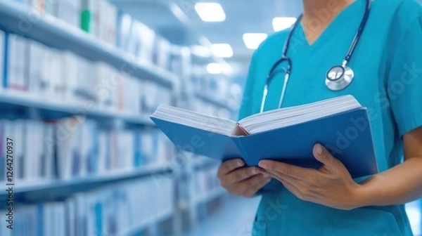 Obraz Medical professional in scrubs reading a book in a modern library setting with shelves filled with books and medical literature in the background