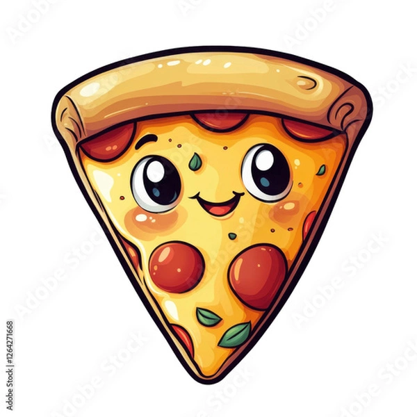 Fototapeta Happy cartoon style pizza slice with cheese and pepperoni