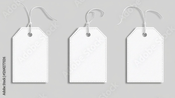 Obraz Blank clothes tags, fashion labels with seams. Empty white fabric badges for shirts, dresses and apparel with stitches isolated on transparent background, vector realistic set