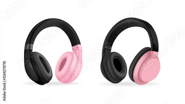 Fototapeta Headphones for listen music, dj audio headset isolated on white background. Vector realistic set of 3d black pink stereo earphones, accessory with sound speakers in front view