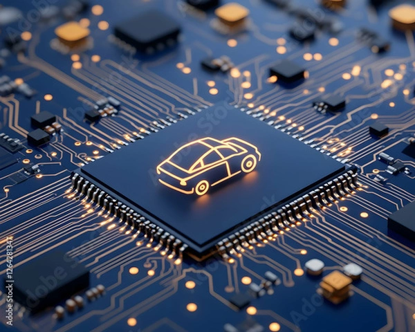 Fototapeta Autonomous car icon on microchip representing vehicle technology future generative AI