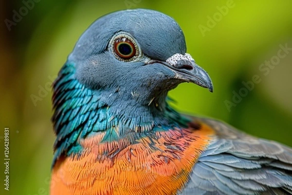 Fototapeta Portrait of a passenger pigeon with a soft gaze, highlighting the subtle color gradient of its blue and orange feathers, capturing the lost beauty of this extinct species in vibrant detail.